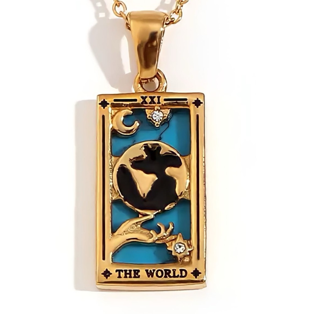 Dainty ‘The World’ Gold - Silver Tarot Card Necklace | 18k Gold, 316L Steel